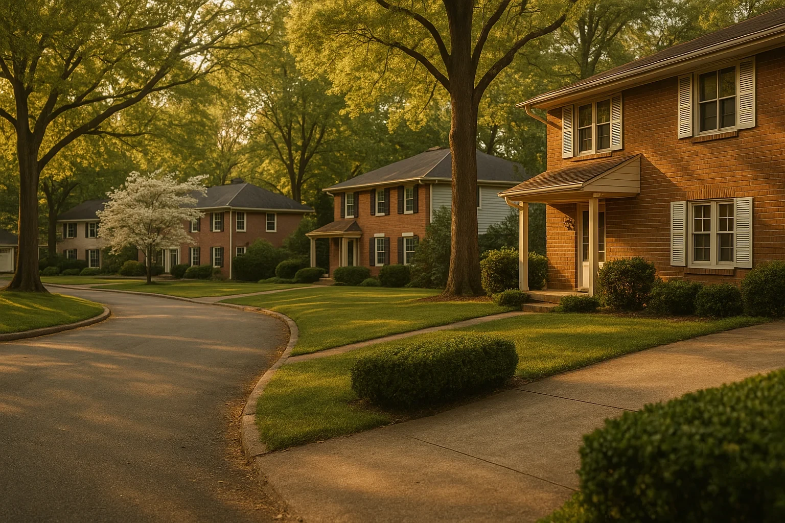 Tree-lined Kings Park neighborhood with brick two-story homes, manicured lawns, and a flowering tree at golden hour