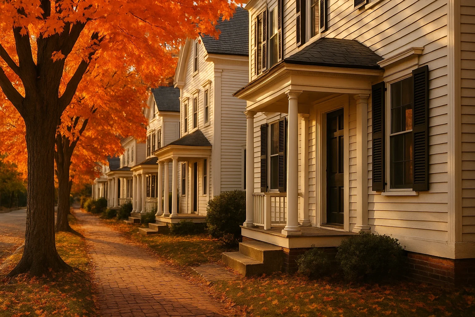 Historic white colonial homes with black shutters lining a tree-shaded brick sidewalk in autumn in Danbury