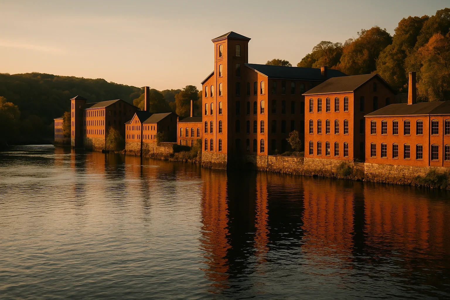 Historic red brick mill buildings line a calm river at sunset in Norwich, reflecting in the water.