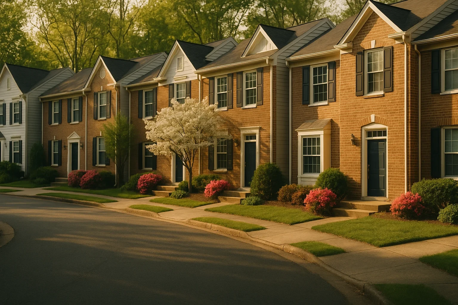 Row of brick townhomes with black shutters and flowering shrubs along a quiet street in Newington Forest