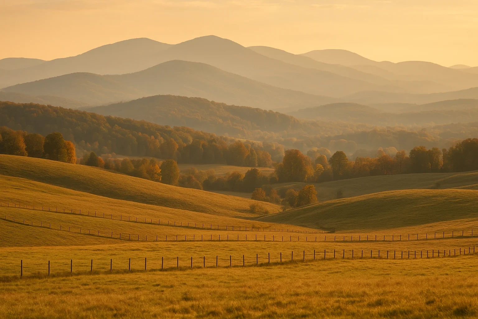 Rolling golden pastures with wooden fences lead to misty Blue Ridge Mountains at sunset near Verona.