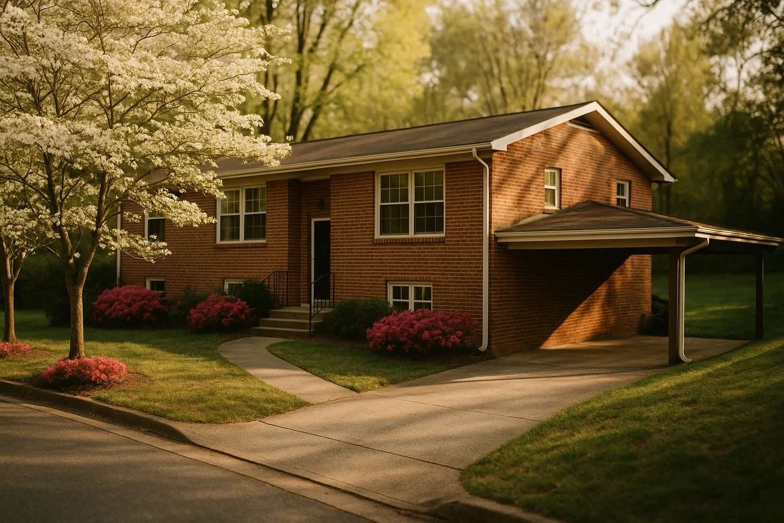 Brick split-level home with carport and blooming dogwood trees in a North Springfield neighborhood at golden hour