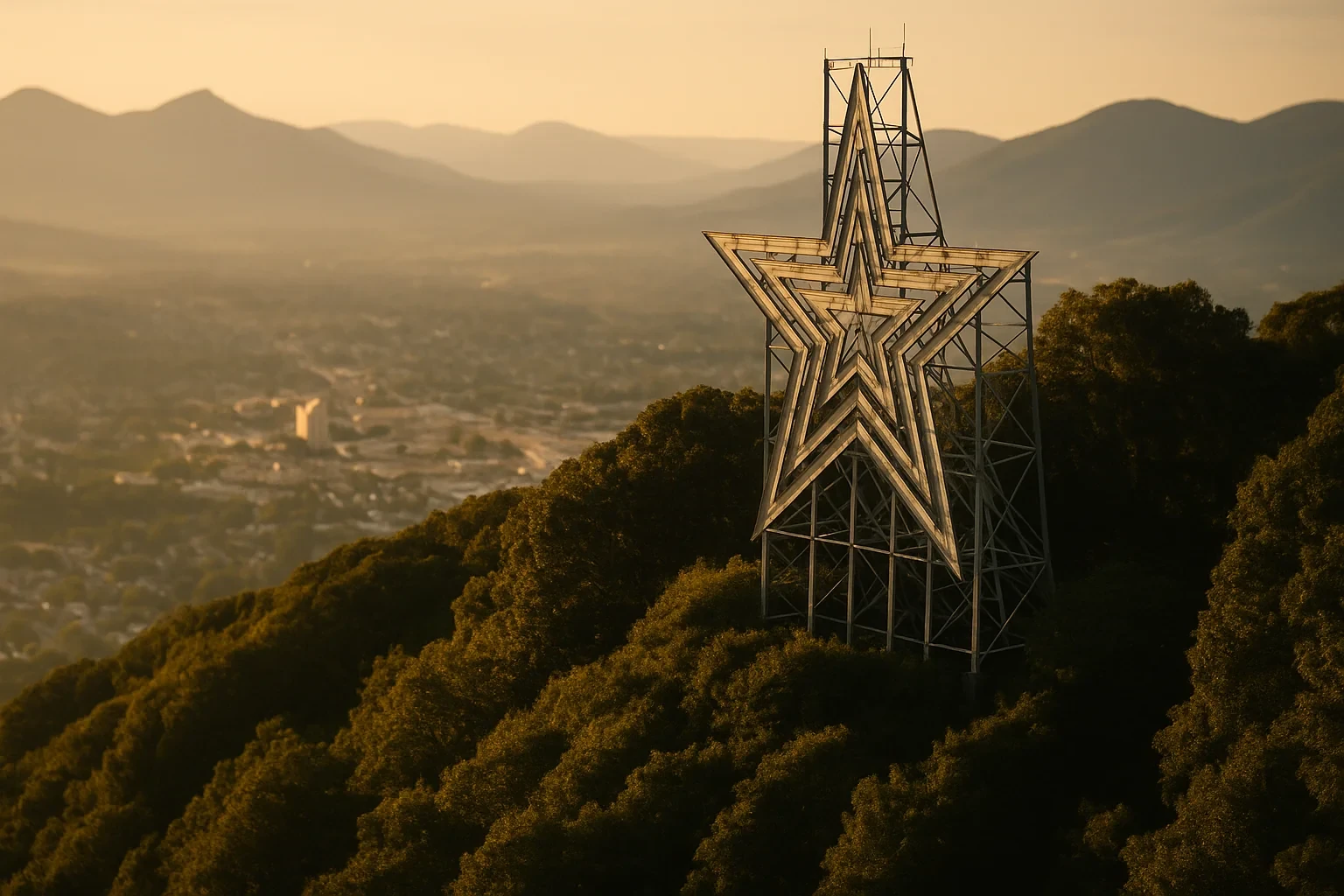 Iconic illuminated mountaintop star overlooking the Roanoke valley and Blue Ridge Mountains at sunset