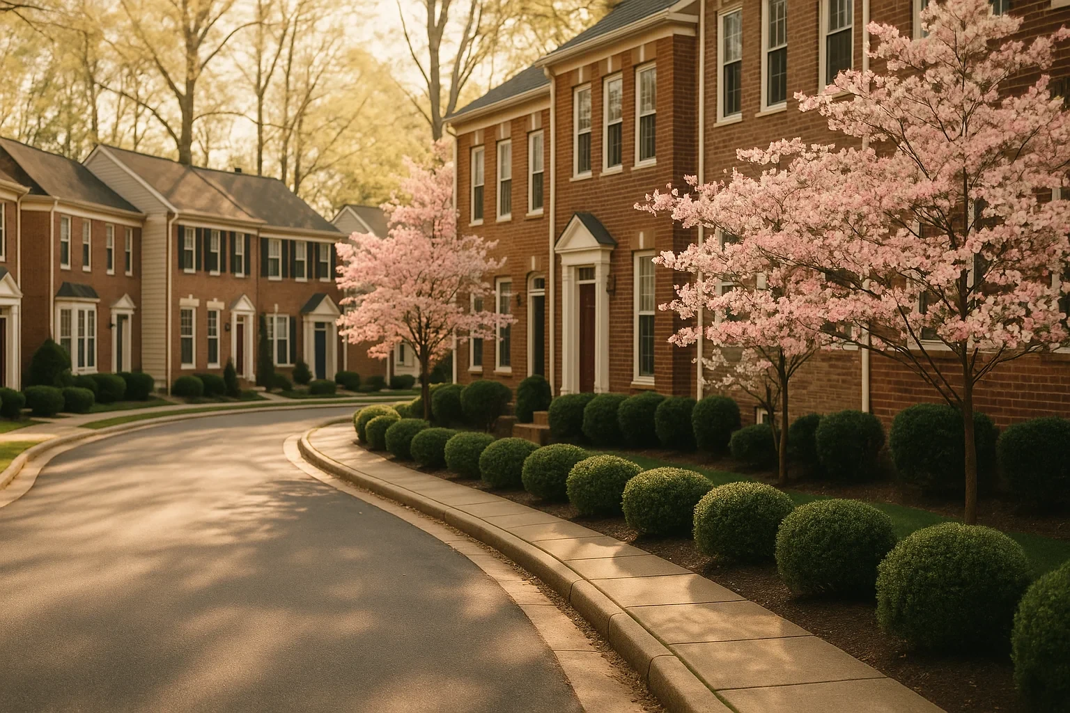Brick townhomes lined with blooming cherry trees and manicured shrubs along a curved street in Franconia