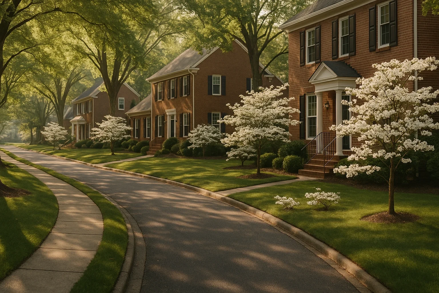 Tree-lined street with brick colonial homes and blooming white dogwoods in a Glen Allen neighborhood