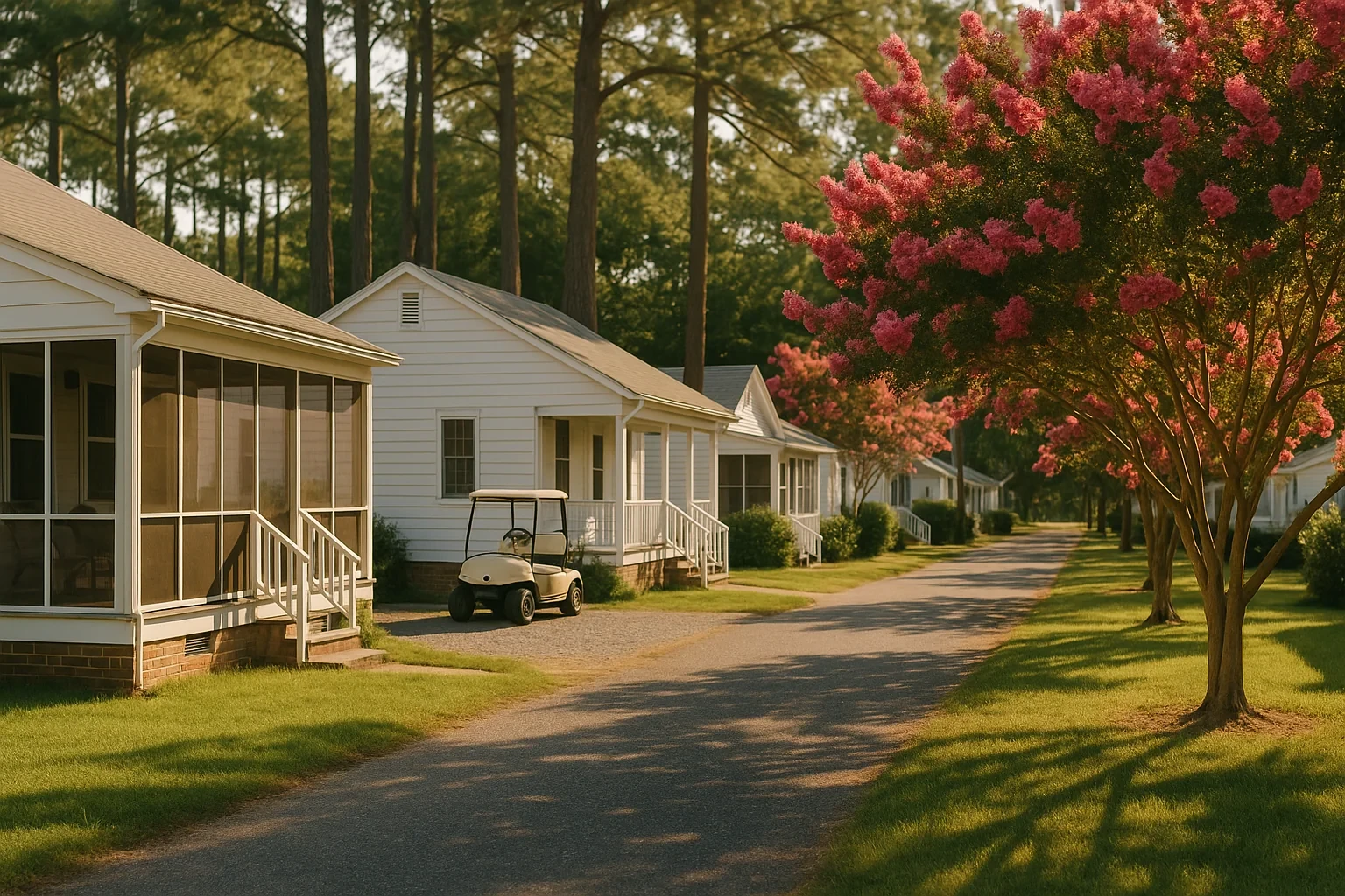 Row of white cottages with screened porches and a golf cart along a tree-lined lane in Colonial Beach