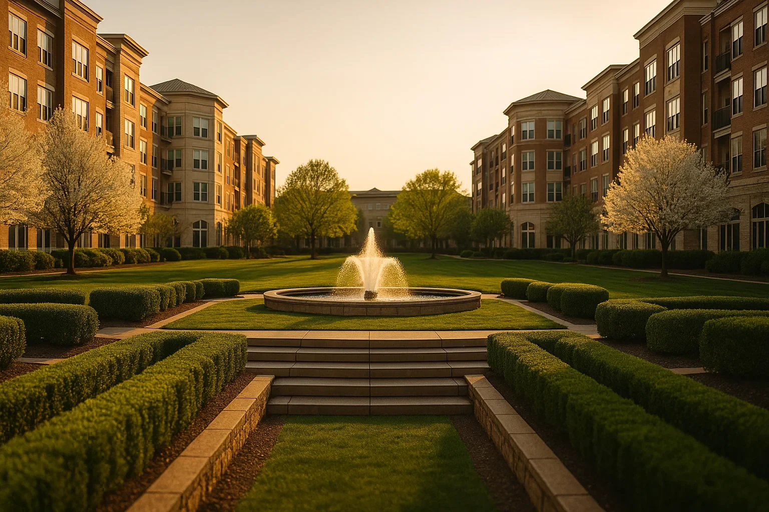 Brick residential buildings surround a manicured courtyard with fountain and hedges in Kingstowne at golden hour.