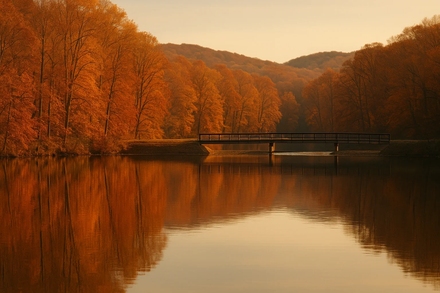 Tranquil autumn lake with wooden bridge reflecting orange foliage and rolling hills near Kings Park
