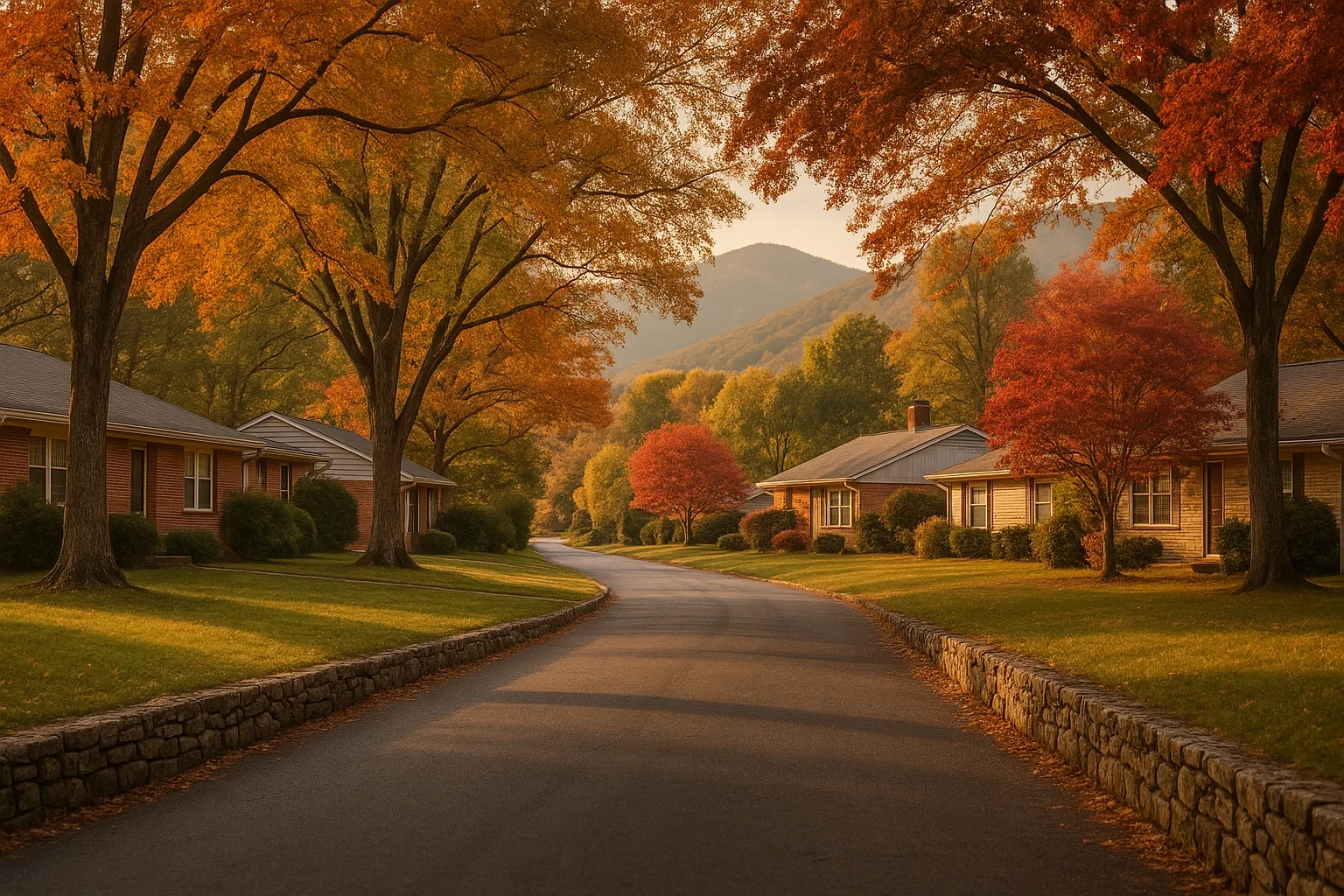 Tree-lined residential street with autumn foliage and mountain views in a quiet Stuarts Draft neighborhood at sunset