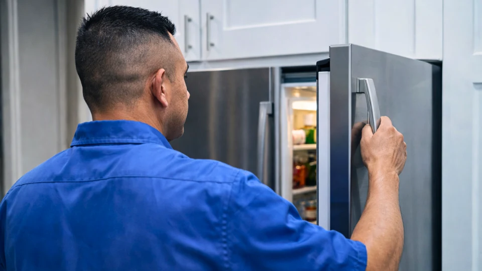 Technician inspecting refrigerator components