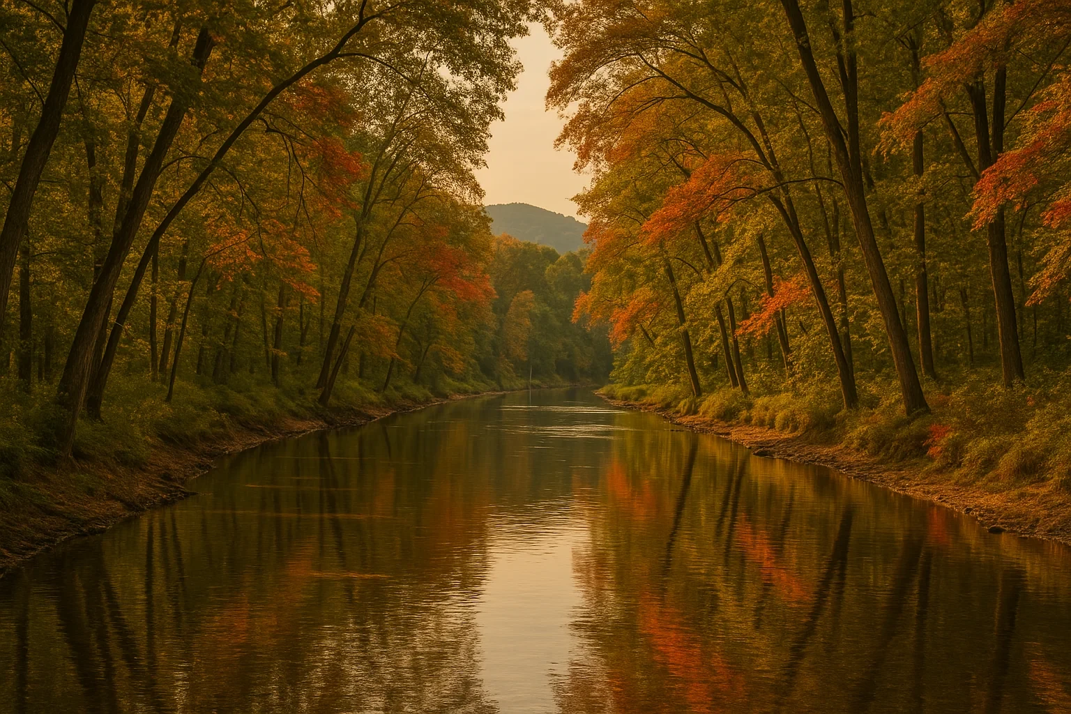 Tranquil river winding through autumn forest with vibrant orange and green foliage near Woodburn