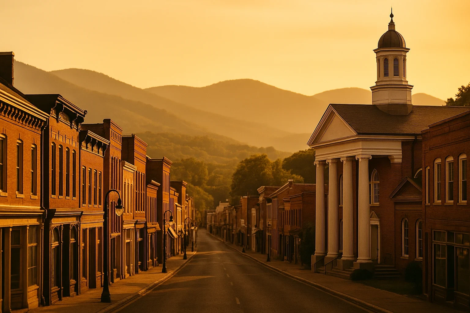 Historic downtown Berryville street at sunset with brick storefronts and a domed courthouse against mountains