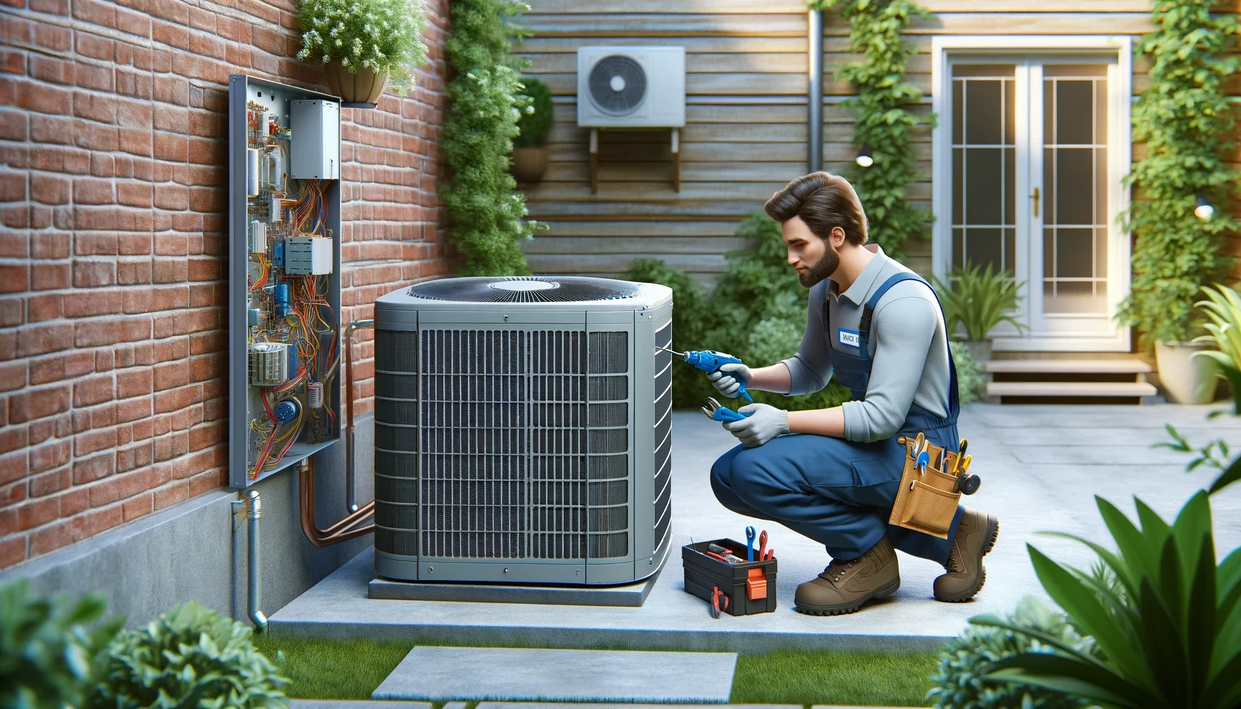 Air conditioner unit sitting on grass by brick wall with tech preparing the AC unit for summer