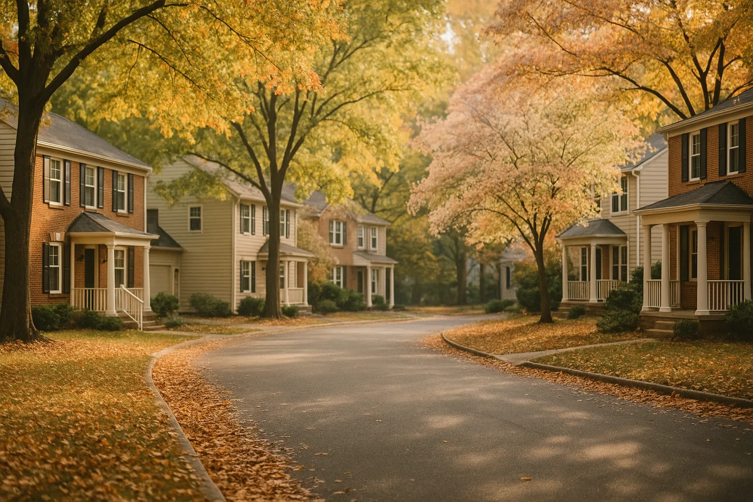 Tree-lined Newington residential street with two-story homes and autumn leaves scattered along the road.