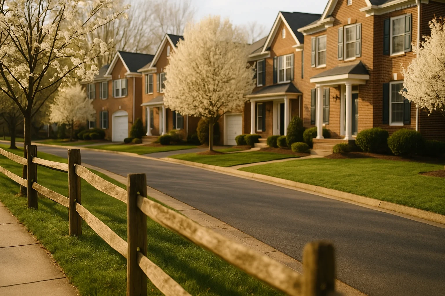 Tree-lined suburban street with brick homes, blooming pear trees, and a wooden split-rail fence in Dulles Town Center.