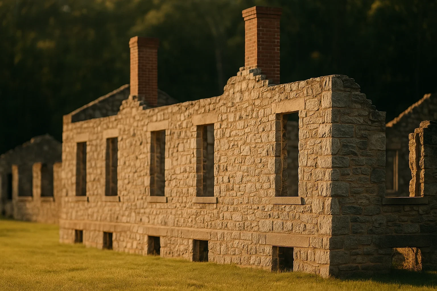 Historic stone building ruins with tall brick chimneys at golden hour in Laurel Hill, set against a forest backdrop.