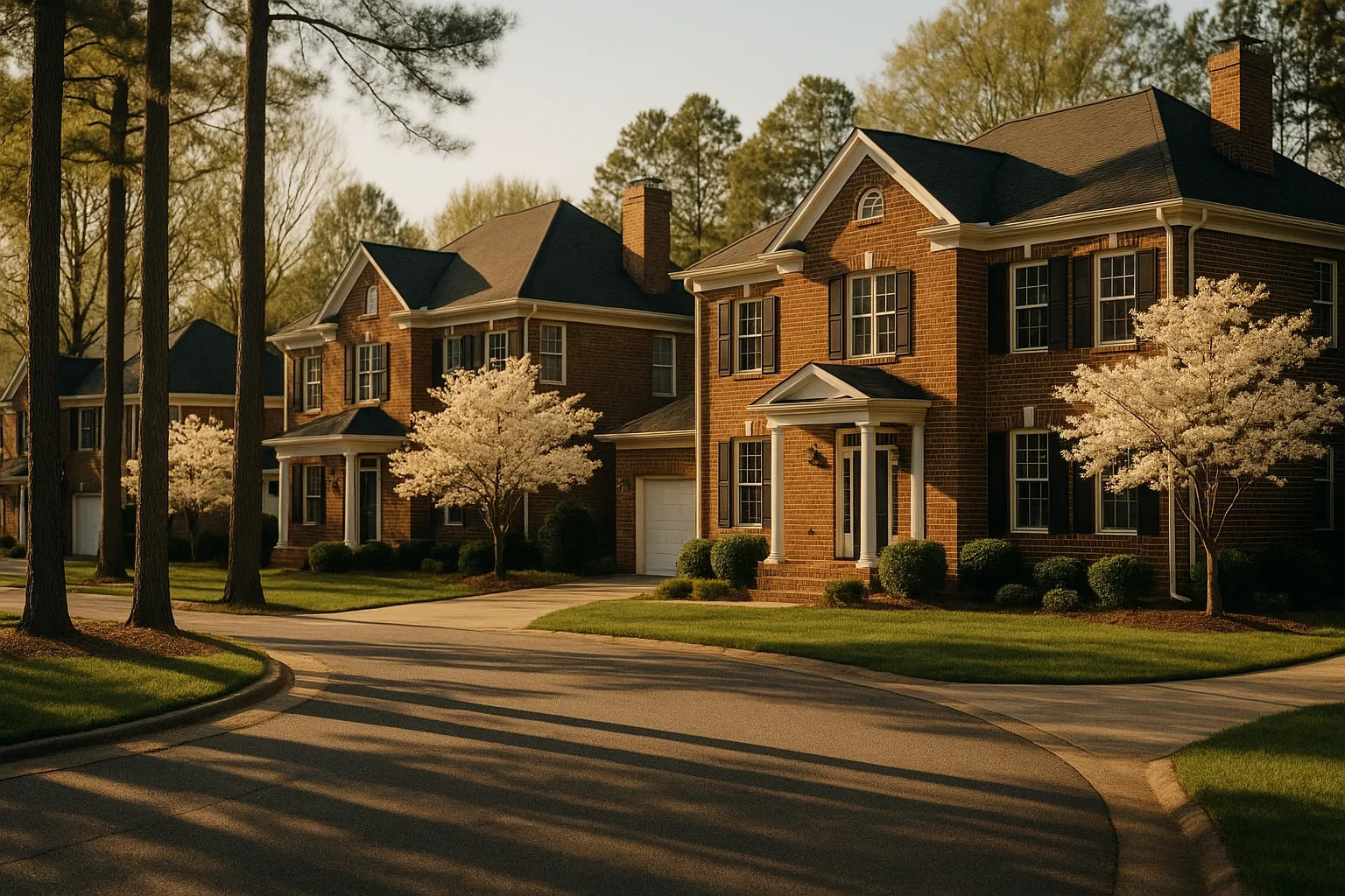 Brick colonial homes with white dogwood trees lining a curved residential street in Short Pump at golden hour