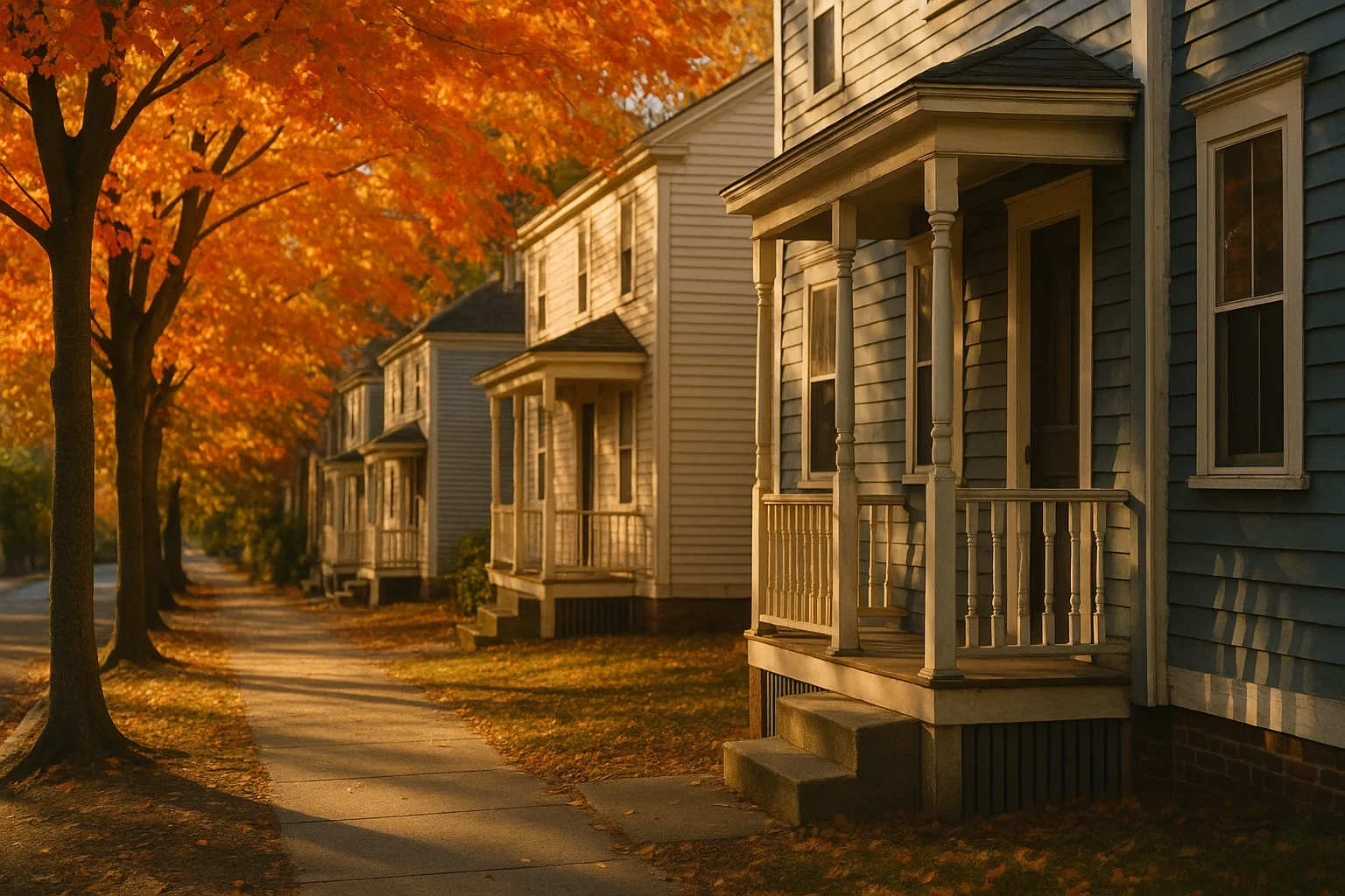 Row of clapboard homes with front porches along a tree-lined sidewalk in autumn in Oakville.