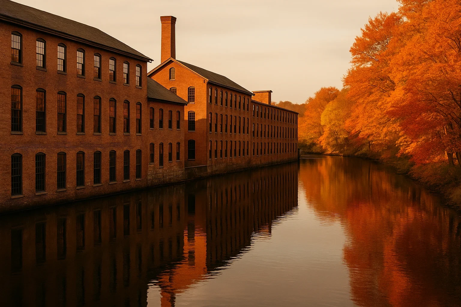 Historic brick mill buildings reflected in a calm river lined with autumn foliage in Jewett City