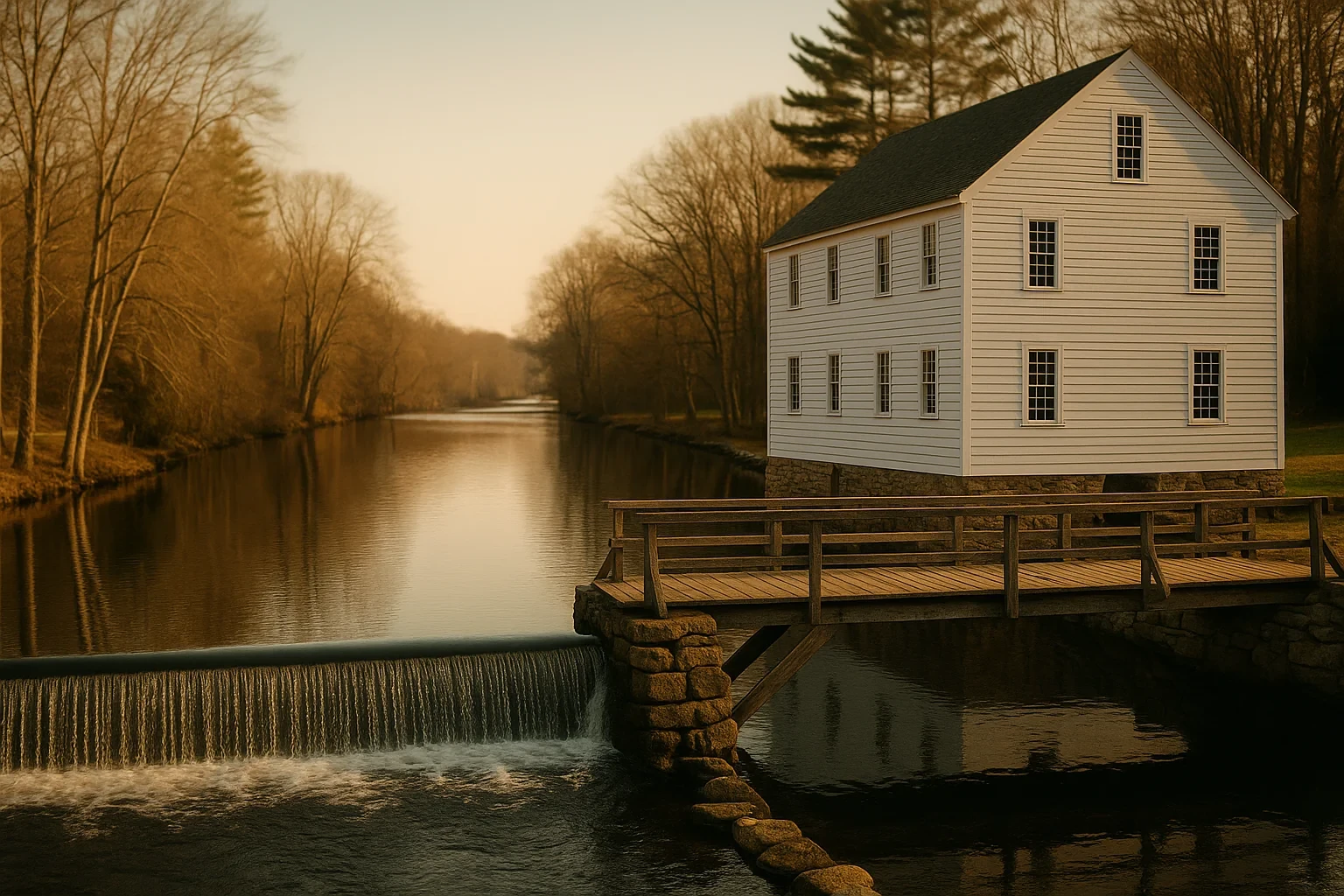 Historic white clapboard mill house beside a tranquil river and waterfall at sunset in Old Mystic