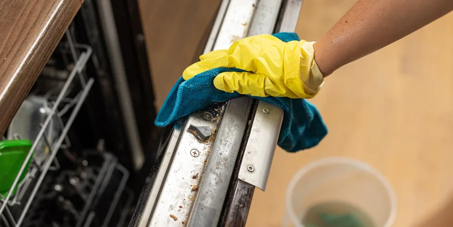 A homeowner cleaning the dishwasher