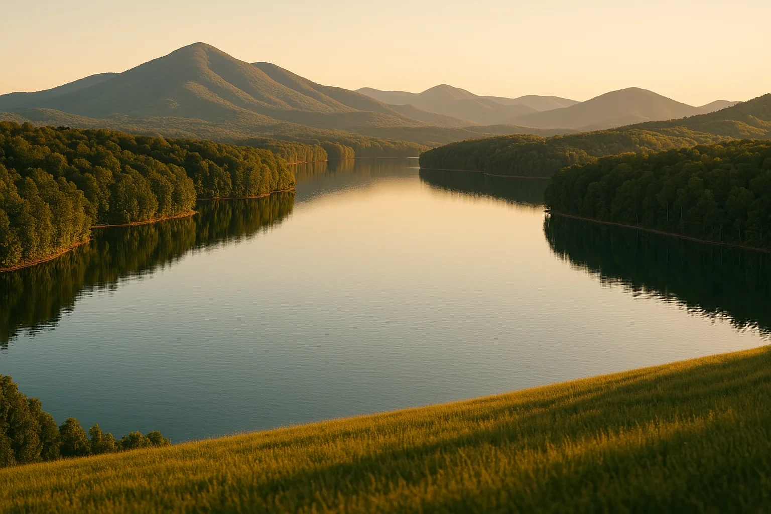 Serene lake reflecting forested hills and distant mountains at golden hour near Timberlake