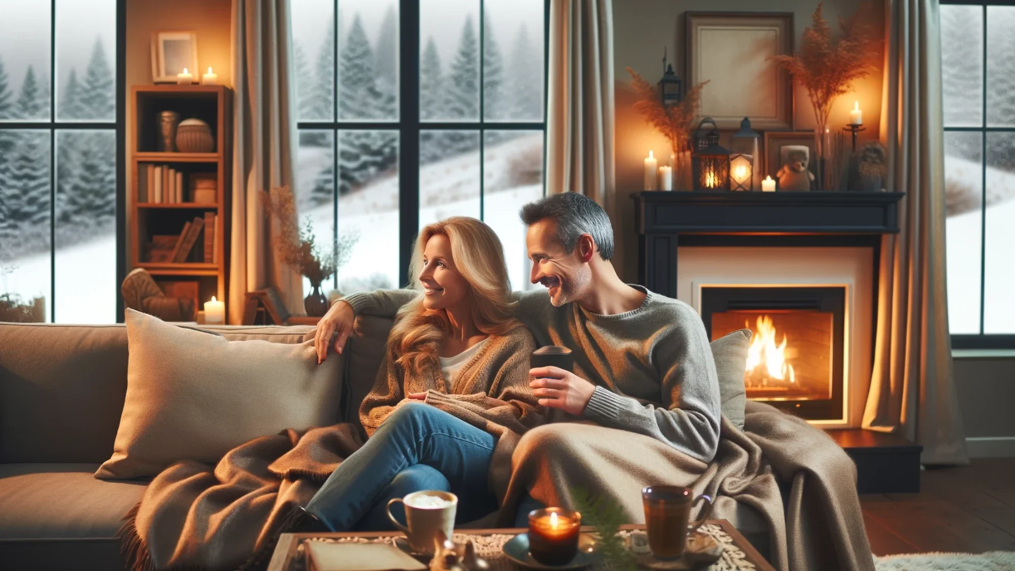 A couple relaxes on their cozy couch, safe inside their warm home on a cold, icy day -- knowing that cleaning the oil burner furnace is helping keep them warm.