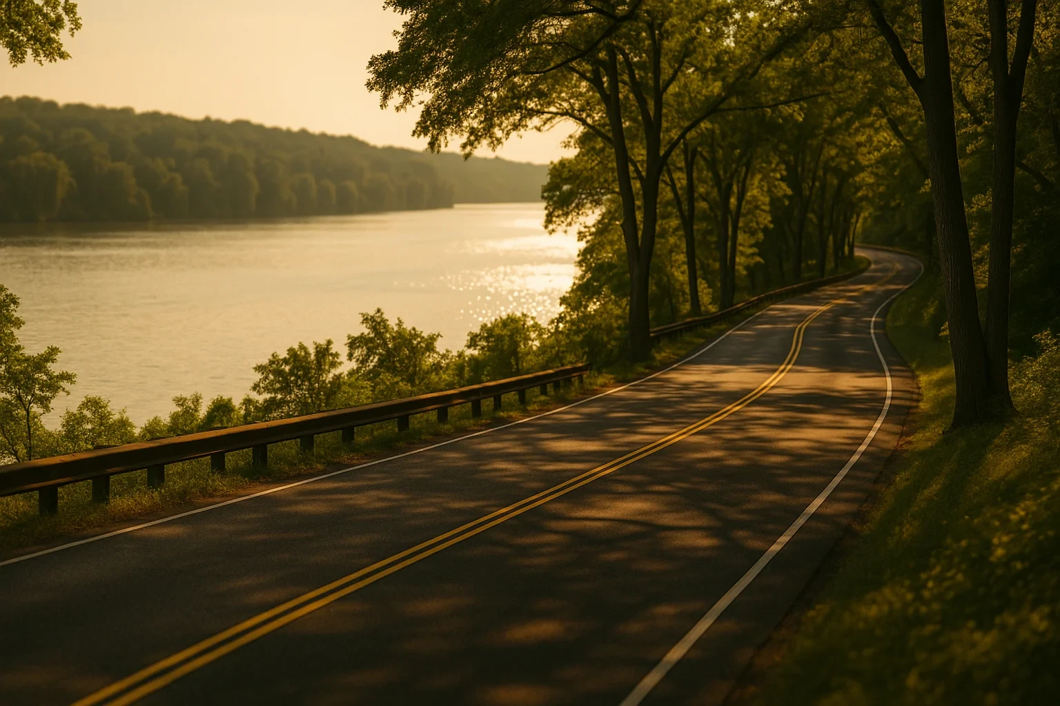 Scenic winding road along a tree-lined riverbank at golden hour near Fort Hunt, with sunlight reflecting on water.