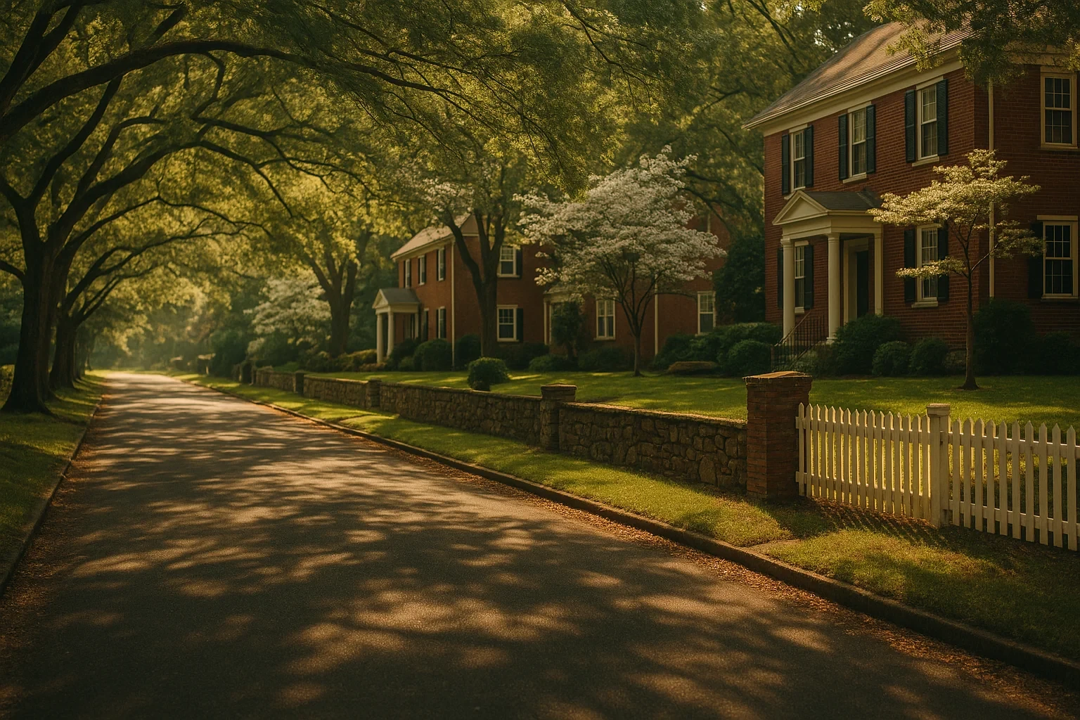 Tree-lined street with historic brick homes, white picket fence, and stone wall in Hollins neighborhood