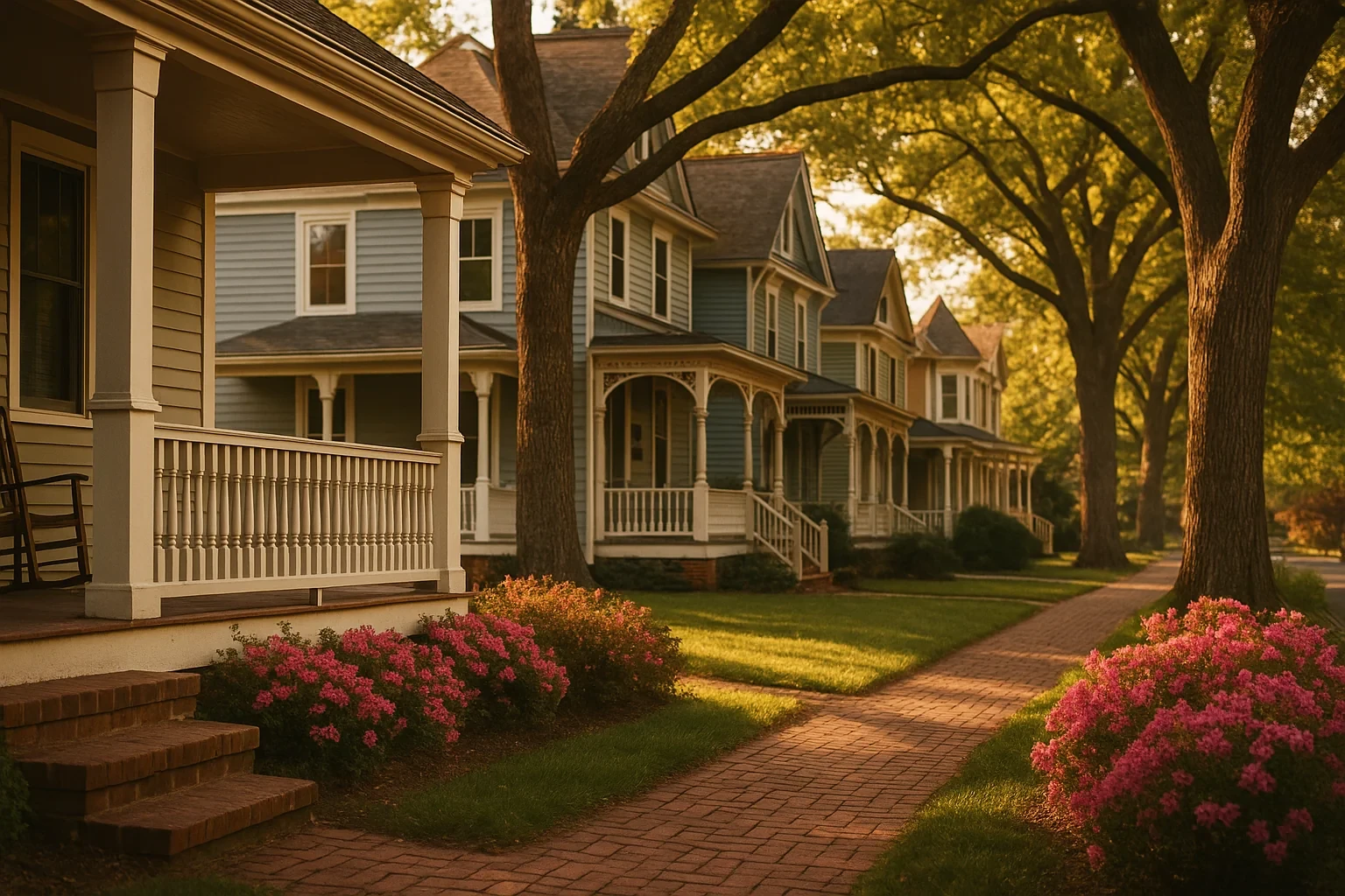 Historic Victorian homes with wraparound porches and blooming azaleas line a tree-shaded street in Manassas