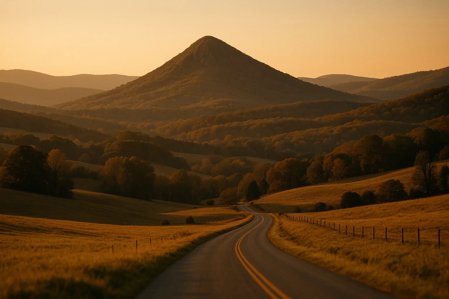 Winding country road leading toward a prominent peaked mountain at golden hour near Hollins