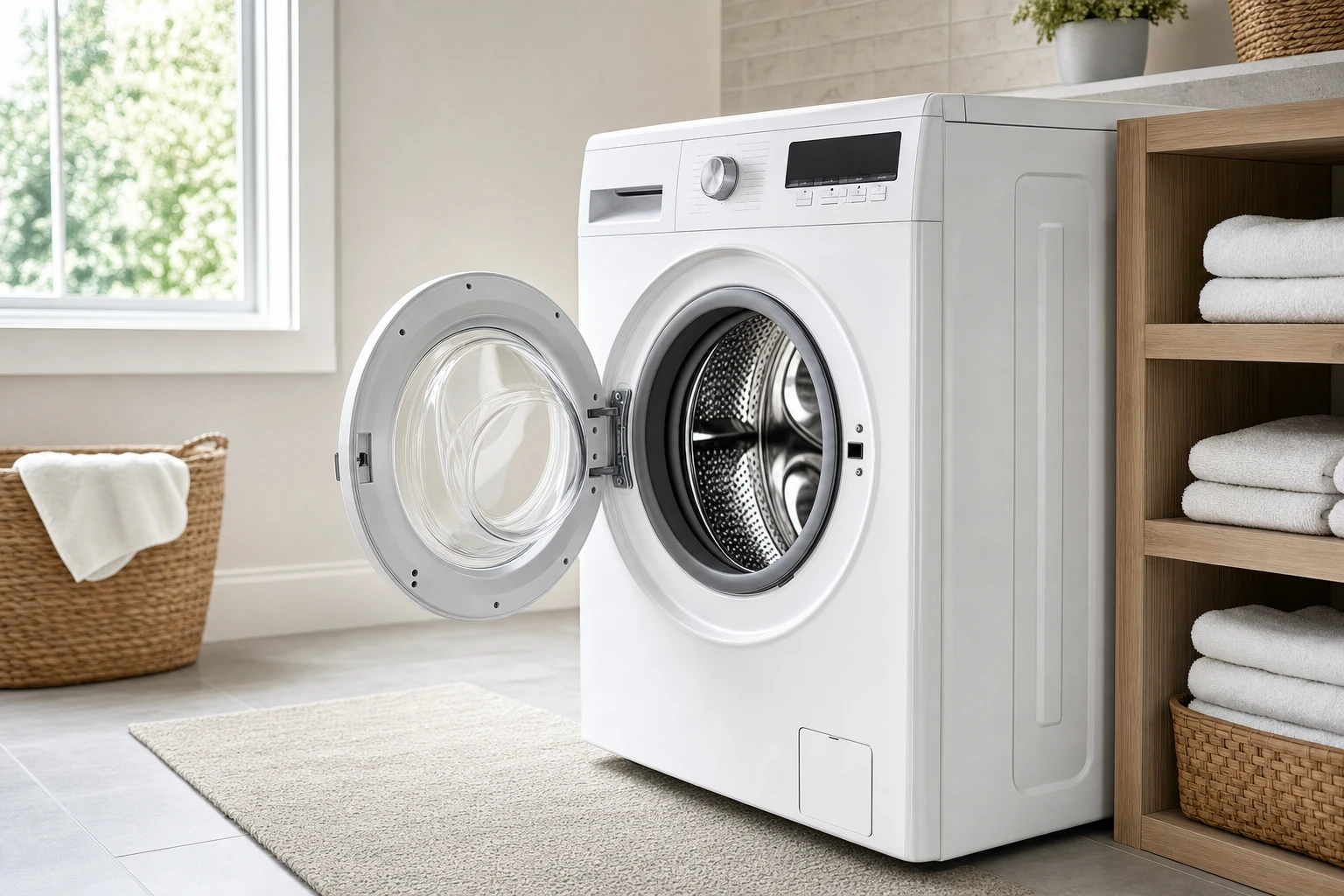 Modern white front-load washing machine with open door in bright laundry room featuring folded towels on wooden shelves