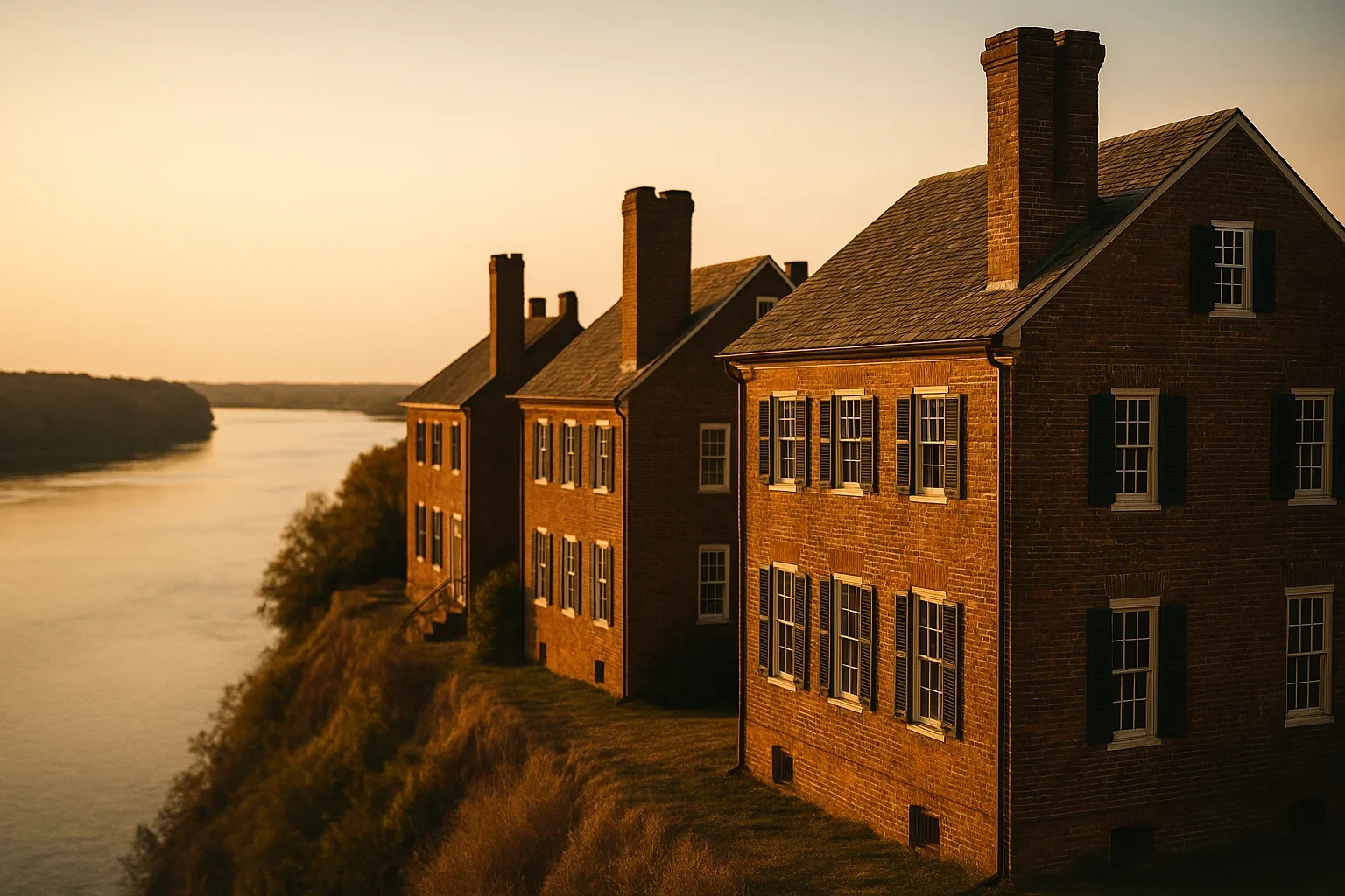 Historic brick row houses with chimneys overlooking a river at golden hour in Hopewell