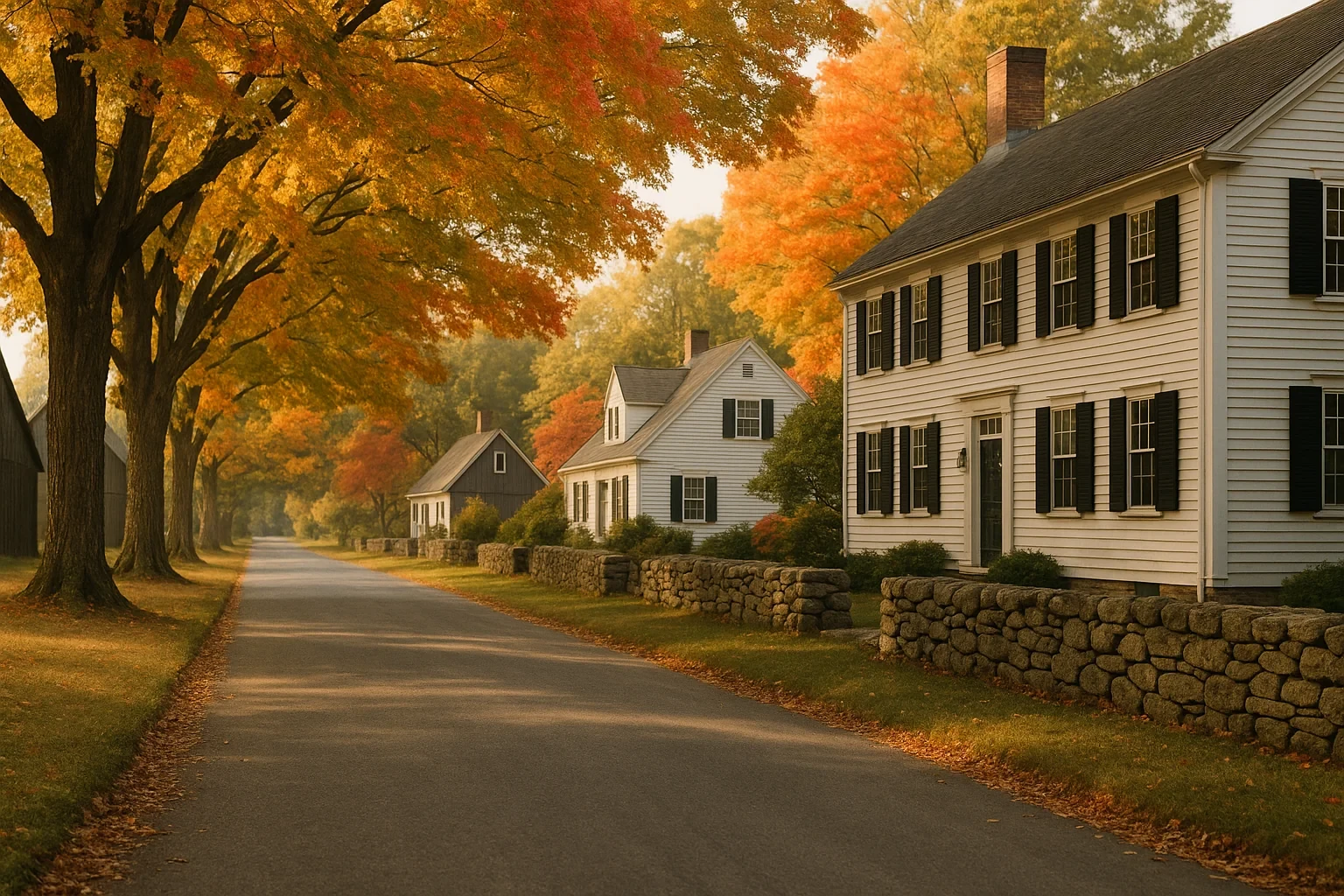 Tree-lined street with classic white colonial homes and stone walls in autumn near Sherwood Manor