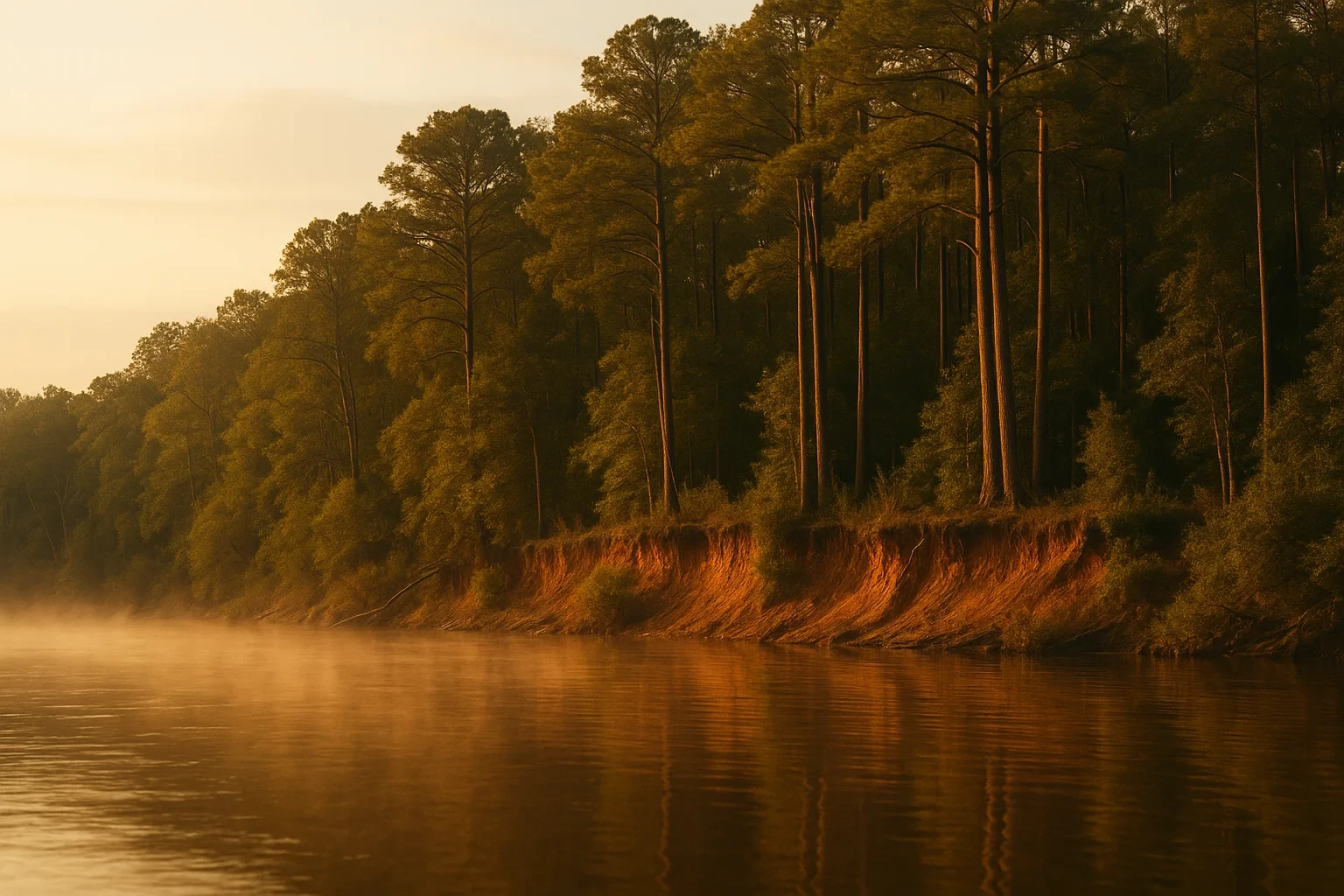 Misty river at golden hour with tall pine trees lining an eroded red clay bank in Henrico