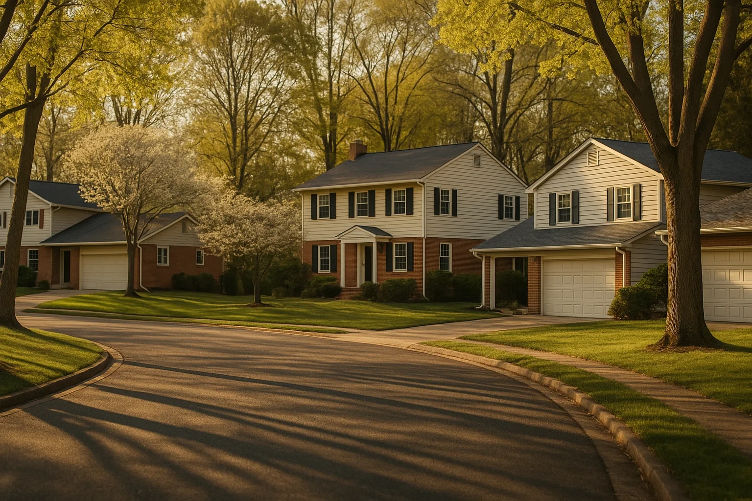 Suburban Kings Park West neighborhood with colonial-style homes, attached garages, and tree-lined street at golden hour