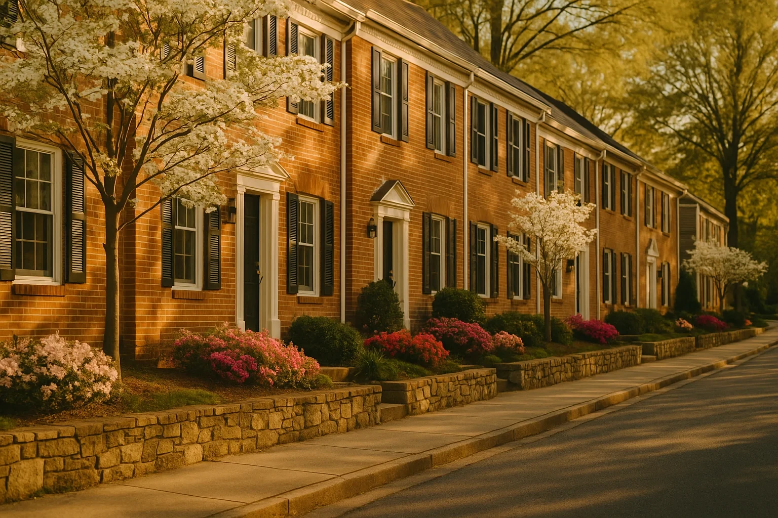 Brick townhomes with black shutters and blooming spring flowers line a quiet residential street in Lake Ridge.