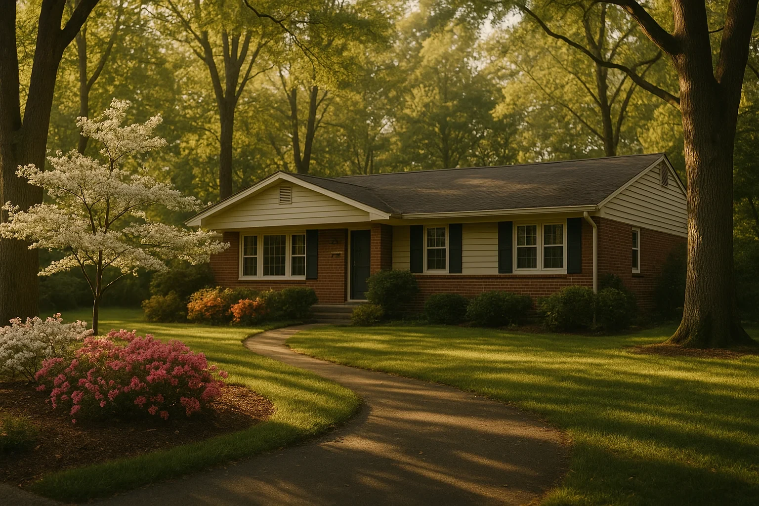 Charming brick ranch home with flowering dogwood and azaleas in a tree-shaded Dunn Loring neighborhood yard