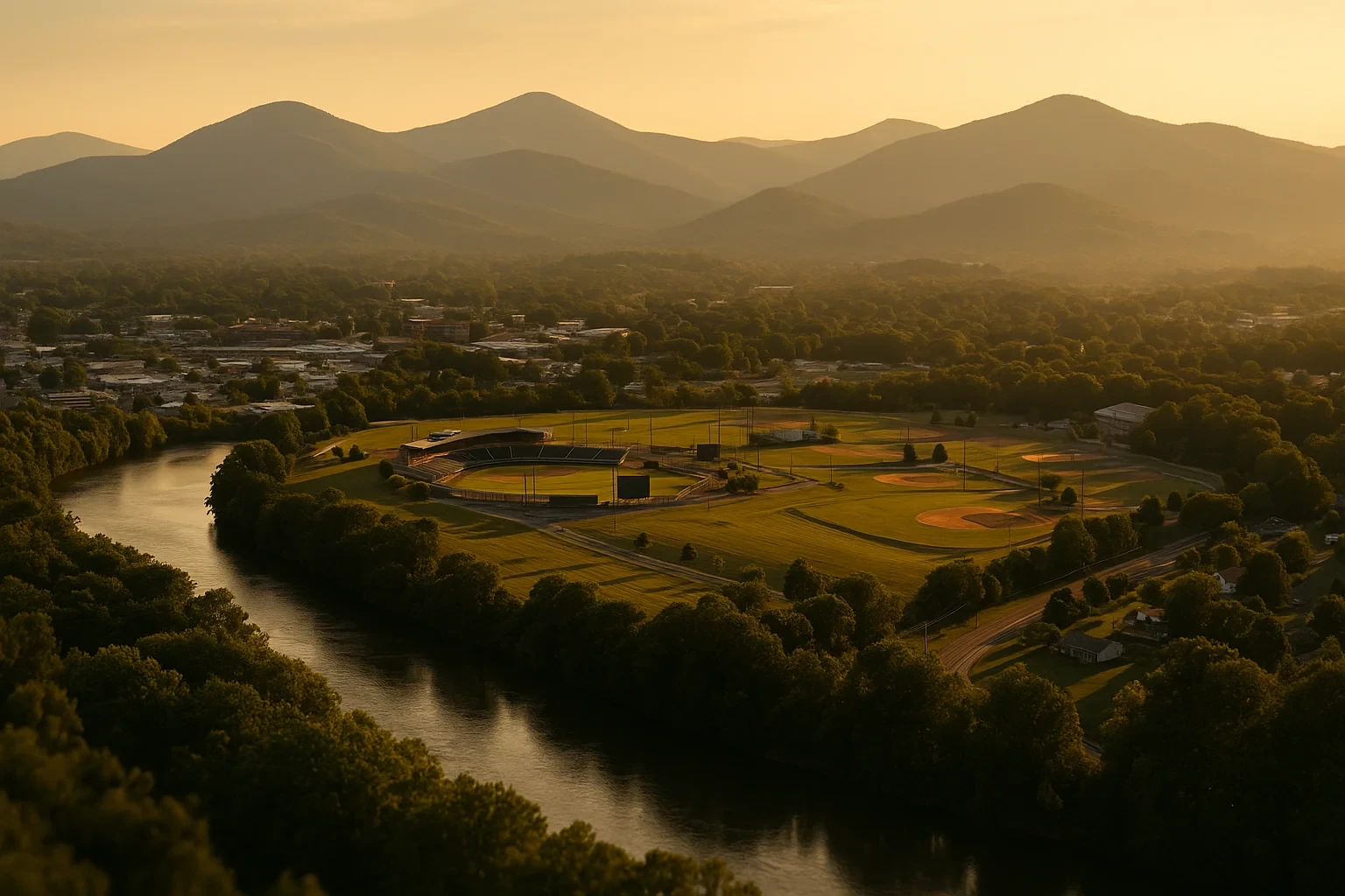 Aerial view of Salem baseball fields beside a winding river with Blue Ridge Mountains at golden sunset