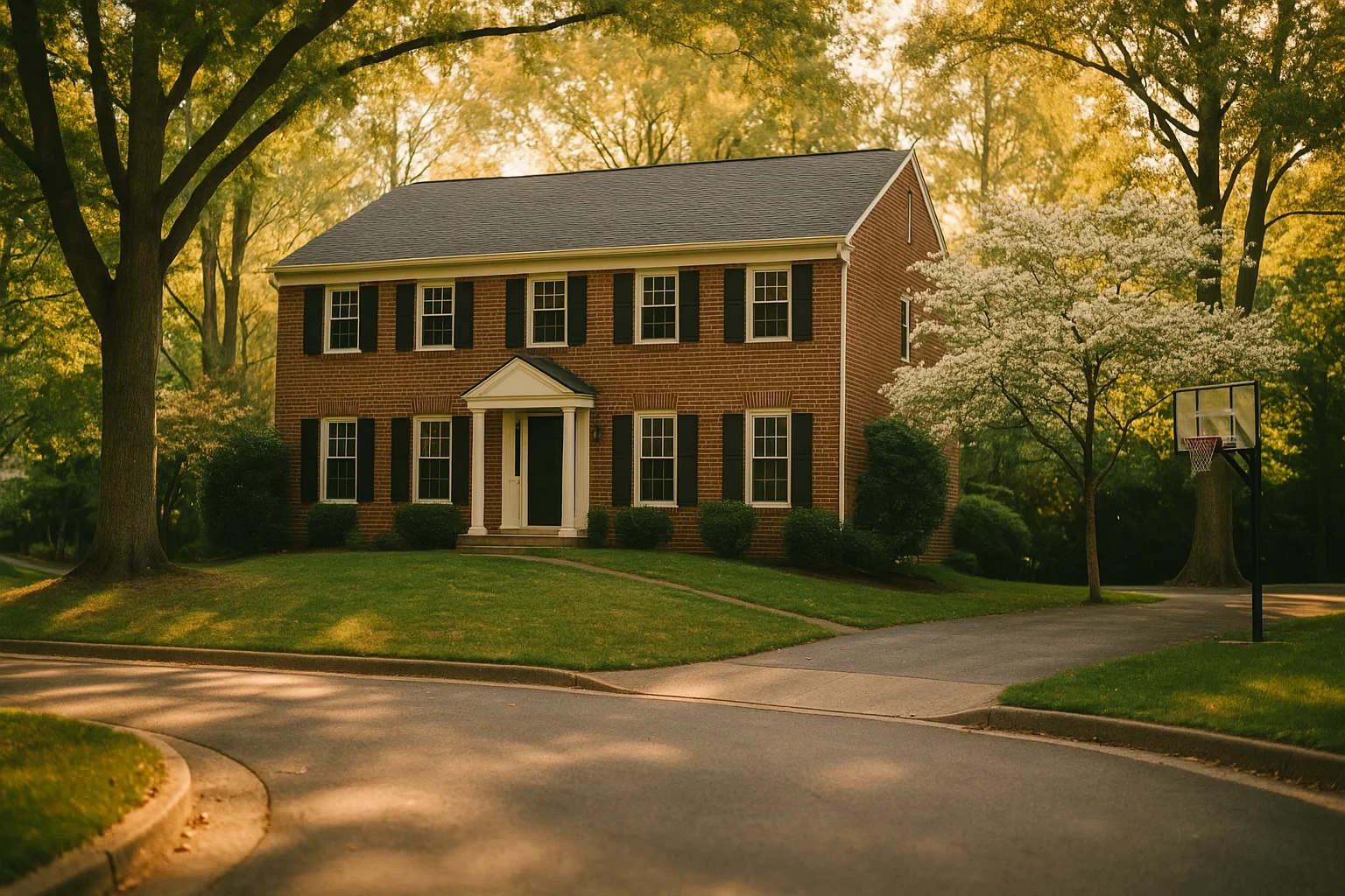 Two-story brick colonial home with black shutters and basketball hoop on a tree-lined Chantilly street.