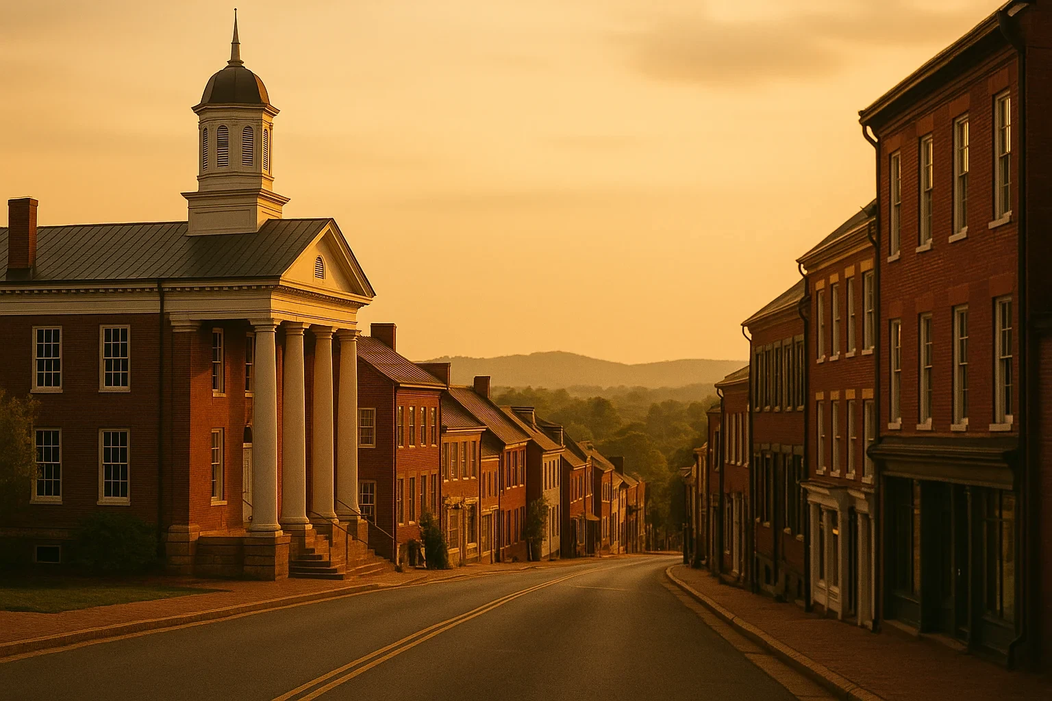 Historic brick courthouse with white columns and steeple along a quiet downtown street in Warrenton at sunset