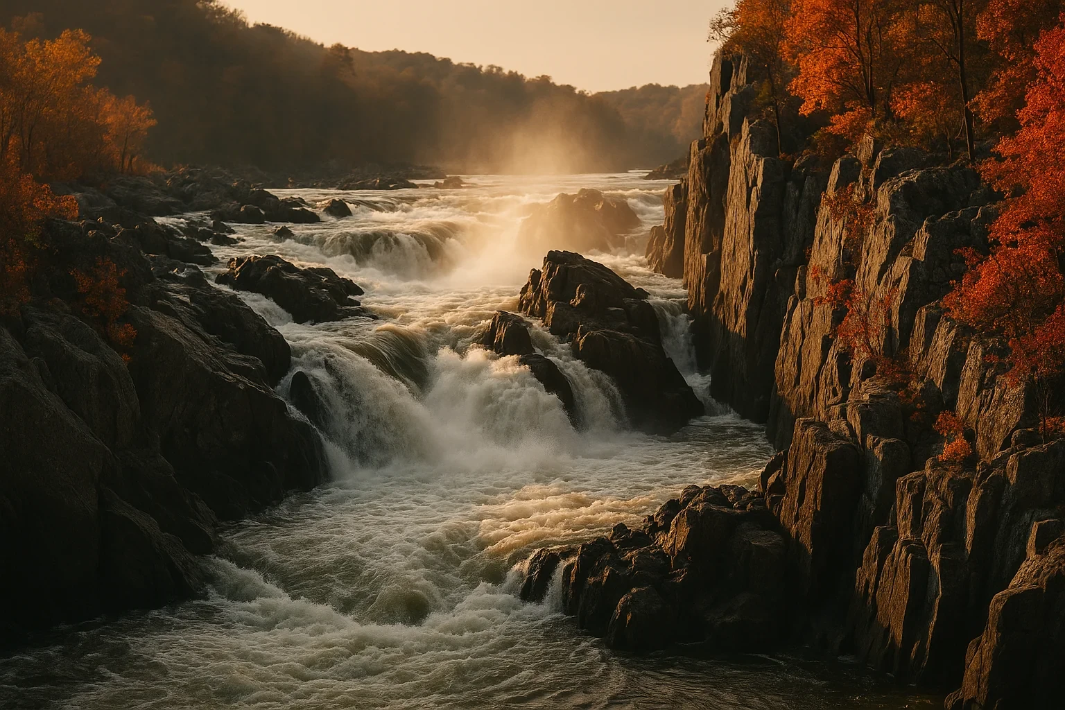 Powerful waterfall cascading over rugged rocks at sunset with autumn foliage near Great Falls