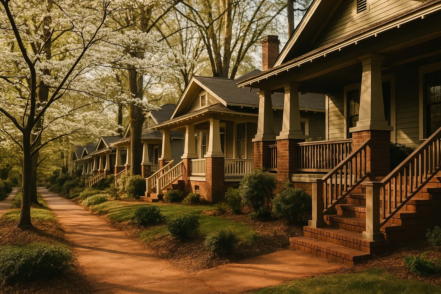 Craftsman bungalows with brick steps and wide porches line a tree-shaded Atlanta neighborhood street in spring.