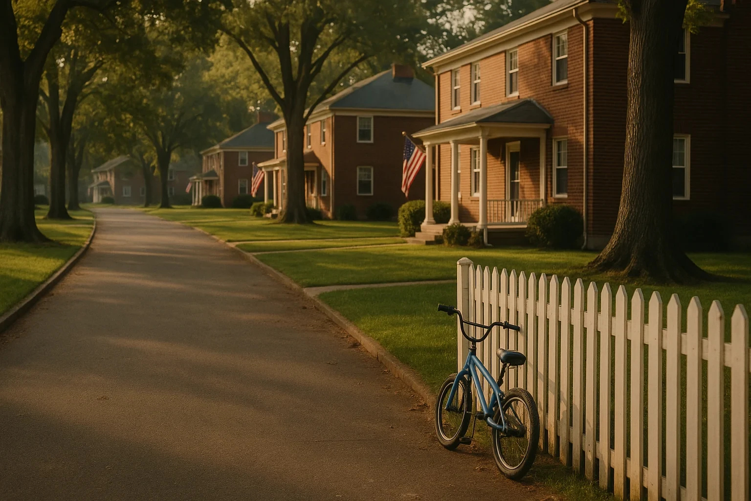 Tree-lined street with brick homes, American flags, and a child's bike by a white picket fence in Fort Belvoir