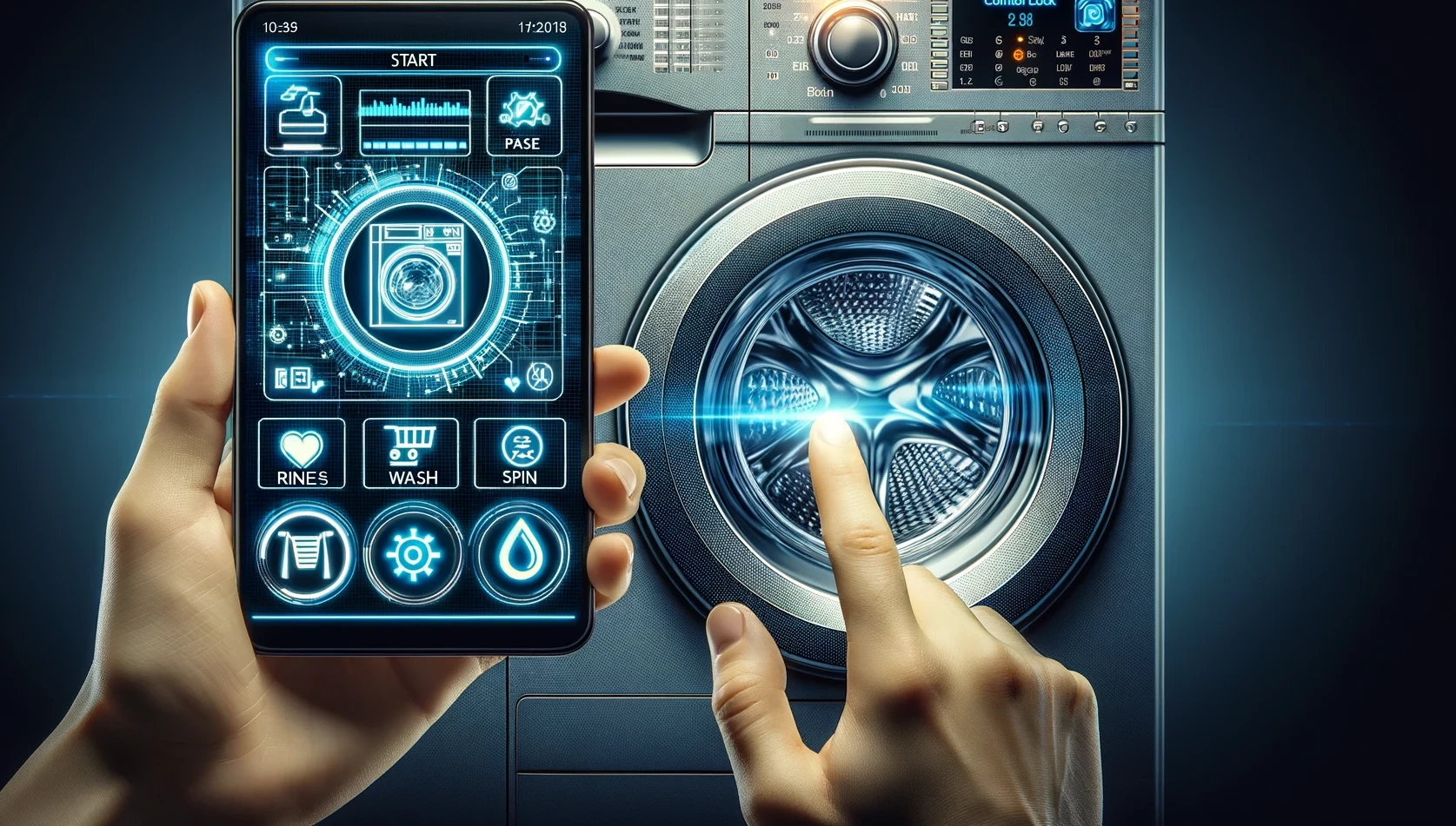 Hand holding a smartphone controlling a connected smart washing machine through a home automation app.