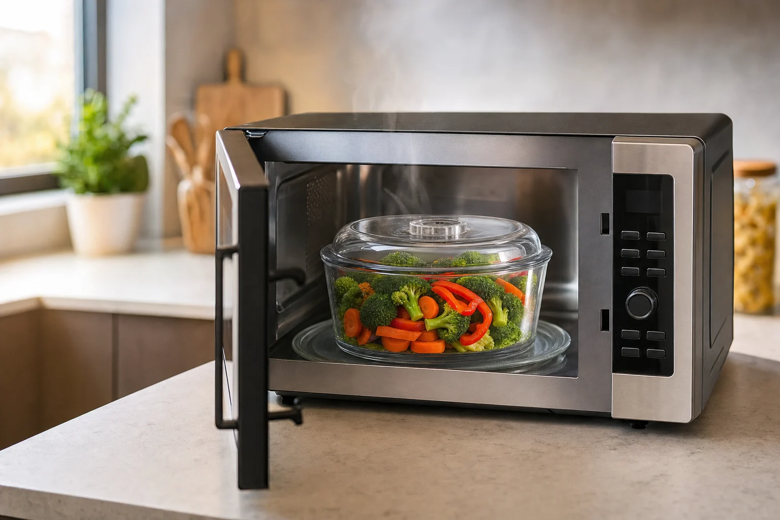 Open microwave with glass steamer bowl of fresh broccoli, carrots, and bell peppers releasing steam on modern kitchen counter