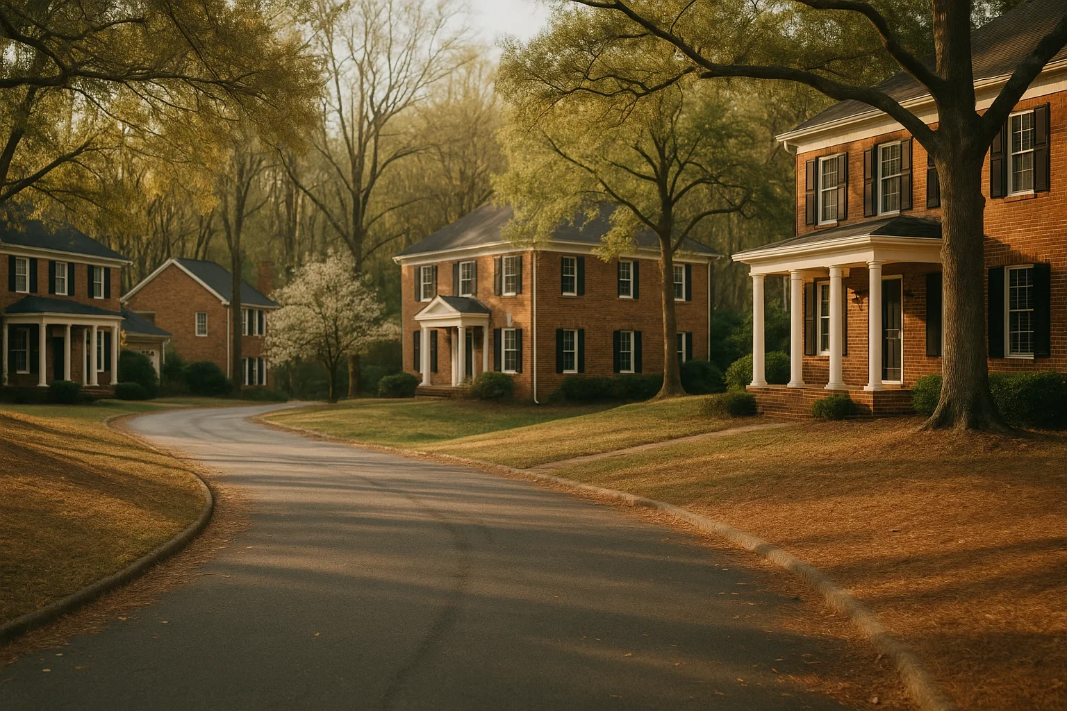 Tree-lined street with brick colonial homes and white-columned porches in a quiet County Center neighborhood