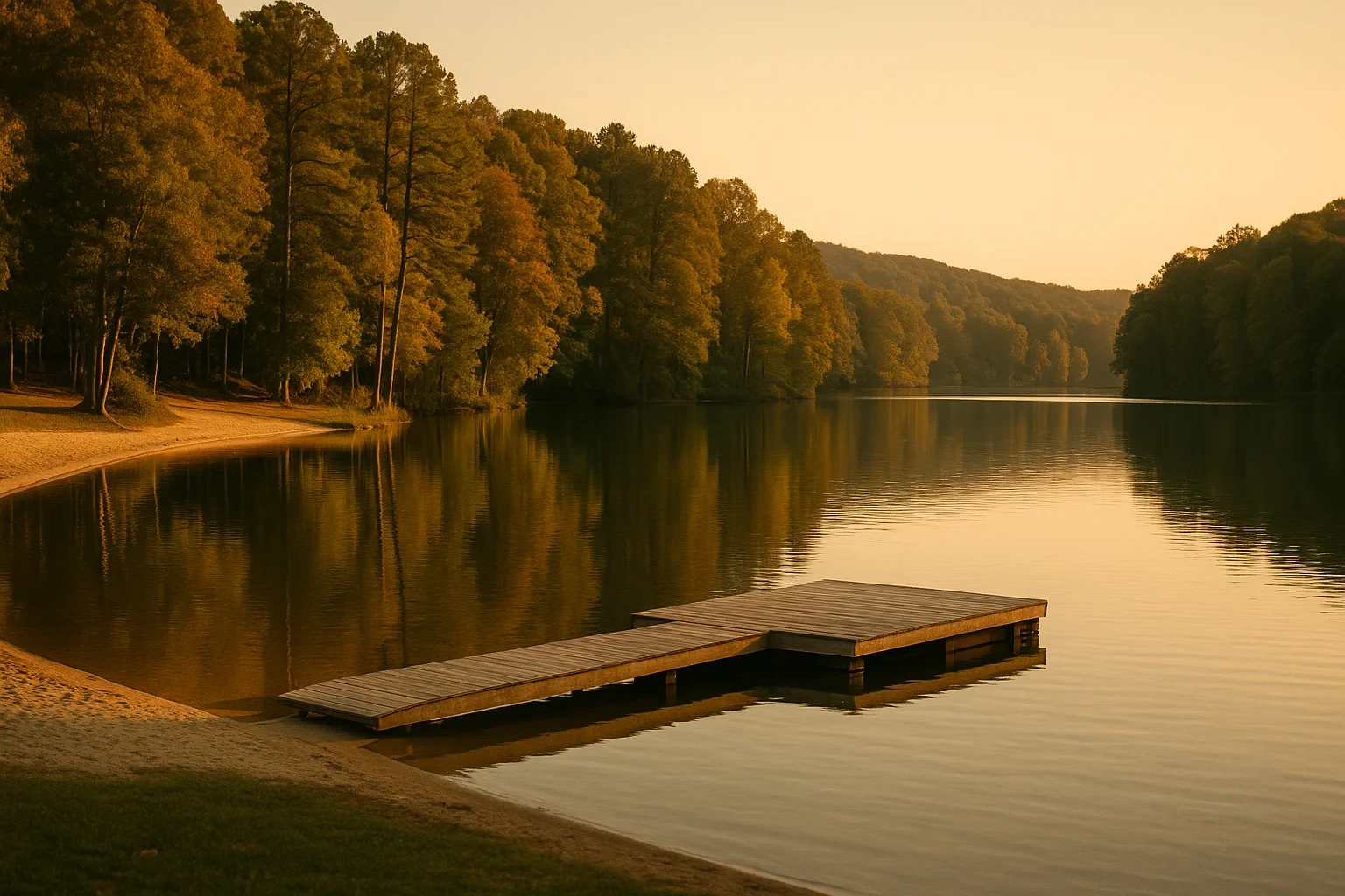 Wooden dock extending into a calm lake at sunset with forested shoreline near Montclair