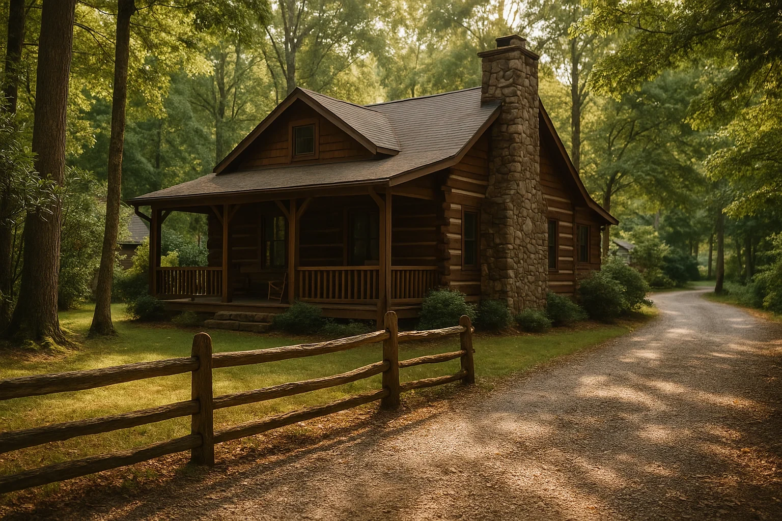 Rustic log cabin with stone chimney and wraparound porch nestled among trees in Shenandoah Farms, with split-rail fence