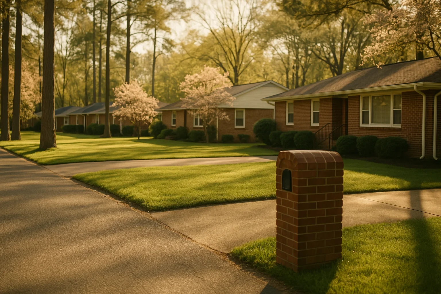 Brick ranch homes with blooming trees and manicured lawns line a quiet Bellwood neighborhood street at sunset.